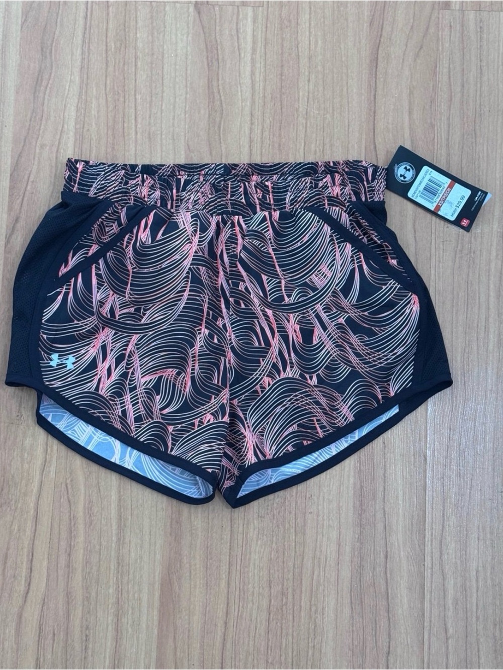 NWT Under Armour Black & Bright Coral Printed Running Shorts Size XS